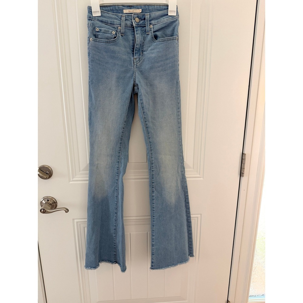 Levis 726 High Rise Flare Jeans Light Wash Raw Hem Denim Blue Womens 24